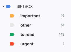Gmail / labels — Regarde les libellés SIFTBOX — Urgent, Important, À lire, À ignorer.